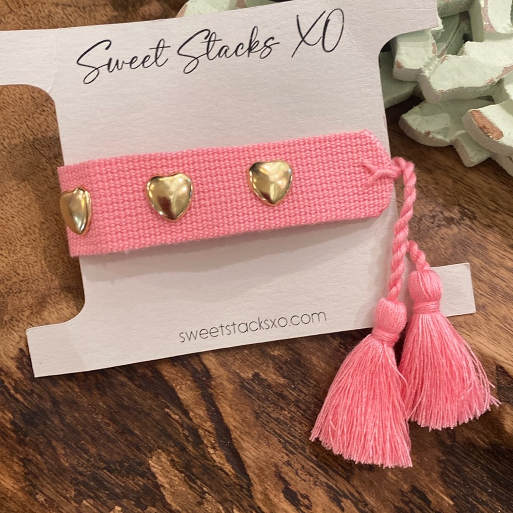True Pink Woven Tasseled & Heart Charm Bracelet